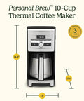 Front view of Personal Brew 10 Cup Thermal Coffee Maker Fully Automatic Programmable With No Fuss Hot Or Over Ice Options Brew Strength Control And 52 Ounce Removable Water Reservoir DCC 10, with dimensions shown.