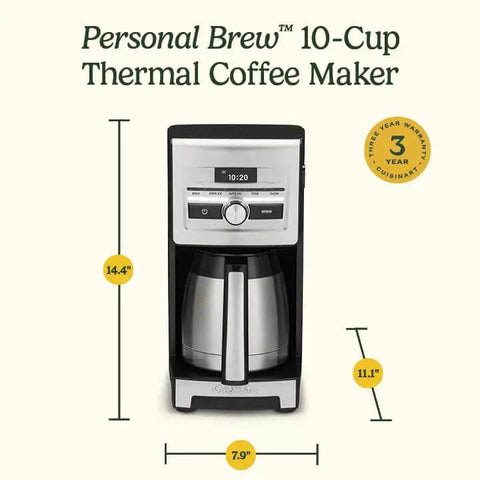 Front view of Personal Brew 10 Cup Thermal Coffee Maker Fully Automatic Programmable With No Fuss Hot Or Over Ice Options Brew Strength Control And 52 Ounce Removable Water Reservoir DCC 10, with dimensions shown.