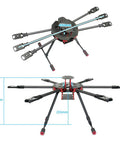 Top and side view of 650mm Folding Carbon Fiber FPV Drone Frame Kit With Six Foldable Arms, Landing Gear Skid, 3K Pure Carbon Tubes