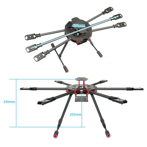 Top and side view of 650mm Folding Carbon Fiber FPV Drone Frame Kit With Six Foldable Arms, Landing Gear Skid, 3K Pure Carbon Tubes