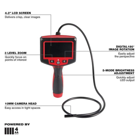 MSpector 4 Foot Inspection Camera Borescope with 4.3 inch LCD, 7.7 mm shaft, 10 mm camera, 4 ft reach, battery powered.