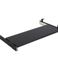Heavy Duty Under Desk Keyboard Tray With Slick Slide Out Mouse Pad Shelf, Solid 16 Gauge Steel Frame, Matte Black Finish, greased lightning glide action, spacious 27 inch layout for peak comfort.