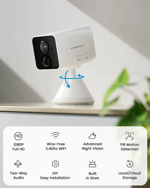 Wireless Outdoor Security Camera With Spotlight And Siren on a stand, showing features like 2K Color Night Vision and IP65 Weatherproof