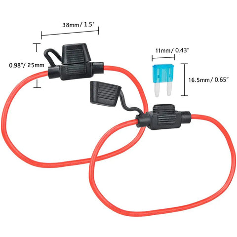 Black 14AWG Inline Fuse Holder Six Pack With 15A Mini Blade Atm Fuses Offering Slick Setup And Zero Drama Automotive Upgrades For Road Ready Protection, showcasing red wires and mini blade fuses.