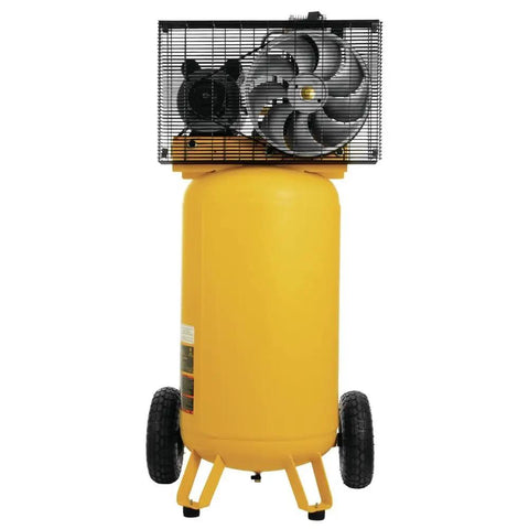 Heavy Duty 25 Gallon Vertical Air Compressor With 2 Hp Oil Lube Belt Drive Motor Portable Workshop Beast Pumping 200 Psi, yellow tank with wheels.