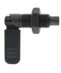Quick Release Spring Loaded Latch Pin With Lock Nut, black M16x10mm, side view, heavy duty build for easy pin insertion and extraction