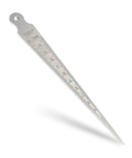 Front view of stainless steel taper gauge with inch and metric scales, 1-15 mm range and top hole.