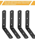 Workhorse Heavy Duty Matte Black L Brackets 20 Pack 3.1 By 3.1 Inch Right Angle Corner Supports For Furniture Fix Ups And Wood Crafts Easy Install Includes 120 Countersink Screws, four corner brackets displayed.