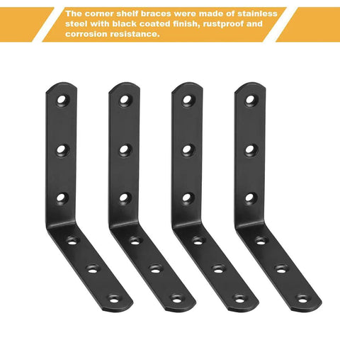 Workhorse Heavy Duty Matte Black L Brackets 20 Pack 3.1 By 3.1 Inch Right Angle Corner Supports For Furniture Fix Ups And Wood Crafts Easy Install Includes 120 Countersink Screws, four corner brackets displayed.