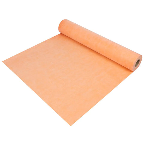 Beefed Up Waterproof Membrane Roll 430 Sq Ft 20 Mil Thick 3.3 By 131 Feet PE Fabric Tile Underlayment, Orange, partially unrolled