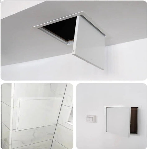 Built Tough Aluminum Access Door For Drywall Panels With Snag Free Flush Mount And Heavy Duty Galvanized Core designed to hide utility shafts, 12 by 14 inches.
