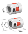 Two Pack 15mm to 15mm Shaft Couplings, Flexible Servo Motor Coupler Joint, L35 x D30, shown with size measurements
