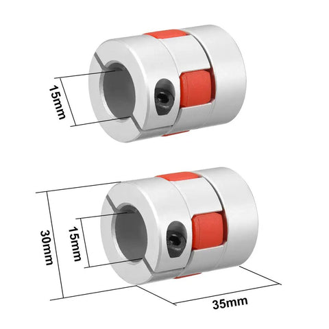 Two Pack 15mm to 15mm Shaft Couplings, Flexible Servo Motor Coupler Joint, L35 x D30, shown with size measurements