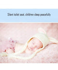 Heavy Duty Elongated Toilet Seat With Smooth Slow Close Lid And Rock Solid Metal Hinges Ergonomic Shape For Super Comfort worn by a sleeping child.