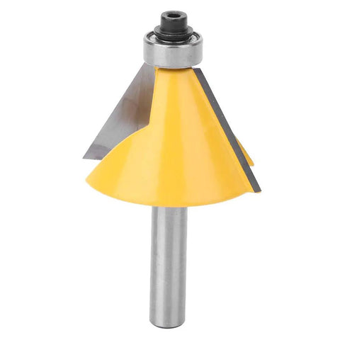 Ultra Smooth 8mm Shank Chamfer Router Bit YG6 Alloy Cutterhead For Trimming MDF Solid Wood Plywood Cabinets With Precision angled view showing sharp edges and keen design.