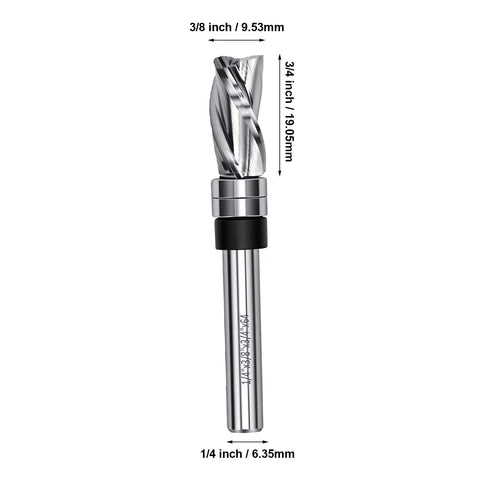 Top Bearing Flush Trim Router Bit With Tungsten Carbide Head And 1/4 Inch Shank, 3/8 cut diameter, 3/4 length, precision woodworking tool.