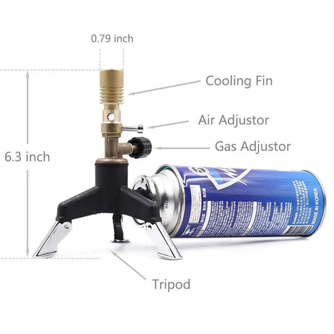 Pro Grade Brass Bunsen Burner With Tripod Stand, Large Capacity Gas Torch showing air and gas adjustors and cooling fin