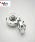 Hardcore Self Clinching Rivet Nuts One Thousand Piece Bulk Pack Top Shelf Stainless Steel Threaded Panel Inserts for Server Racks and PCBs, close-up of two stainless steel rivet nuts.