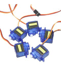 Top Shelf Six Channel Servo Motor Set For Rc Helicopter And Airplane Controls compatible with SG90 9G servos with blue casing.