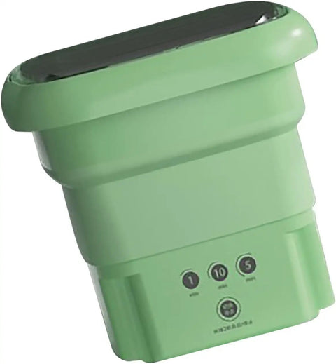 Ultra Portable Folding Washing Machine, No Sweat Collapsible Laundry Tub For Fresh Threads And Quick Loads, Compact Electrical Spin Cycle Rig With Smooth Touch Panel, Solid Choice For Road Trips, Campus Living Or Small Studios, Blue in green color with control panel.