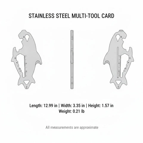 Wallet Sized Stainless Steel Multi Tool Card with utility slot and ruler, side view showing thin profile for travel EDC use.