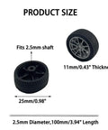 8 Pack RC Car Wheels With Rubber Tires And Metal Axles For DIY Toy Builds showing 25mm diameter, 11mm thick, fits 2.5mm shaft