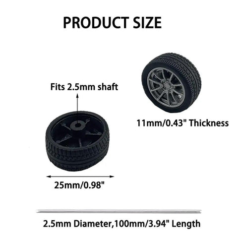 8 Pack RC Car Wheels With Rubber Tires And Metal Axles For DIY Toy Builds showing 25mm diameter, 11mm thick, fits 2.5mm shaft