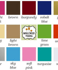 Color chart for vinyl decals with 20 options including black, red, blue, and green. Minglewood Trading logo in center.