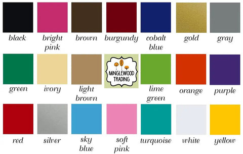 Color chart for vinyl decals with 20 options including black, red, blue, and green. Minglewood Trading logo in center.