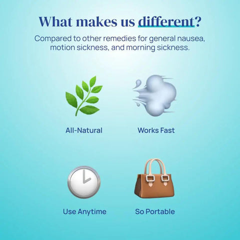 Motion And Morning Sickness Nausea Relief Inhaler features: all-natural, fast-acting, portable, and usable anytime.