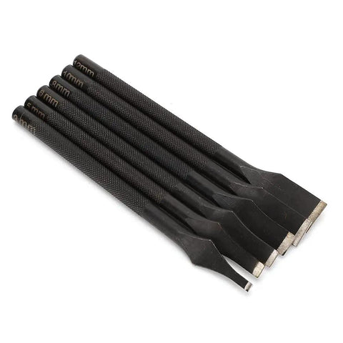 Pro Grade Leather Prong Chisel Set With Six Slot Punch Tips for Belts Wallets and Bags, sizes 3mm to 12mm, polished finish