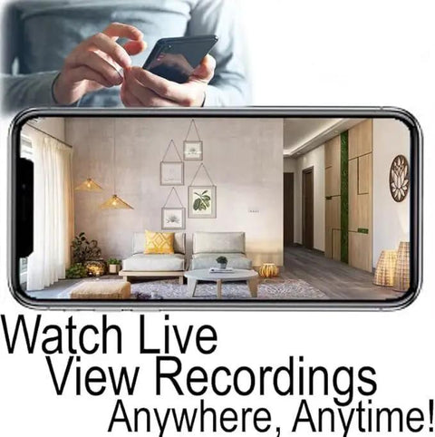 Hardwired Dual 4K Covert Security Camera Disguised As A Classic Smoke Detector showing live footage on a smartphone.