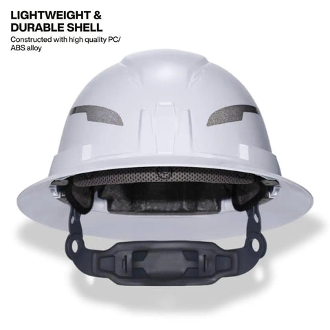 Front view of a Type 2 Non Vented Full Brim Hard Hat With Rechargeable 300 Lumen Headlamp, Class E ANSI Z89.1 2014 R2019, 6 Point Suspension