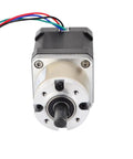 Front view of STEPPERONLINE NEMA 17 stepper motor with 27:1 planetary gearbox; black housing, silver flange, output shaft