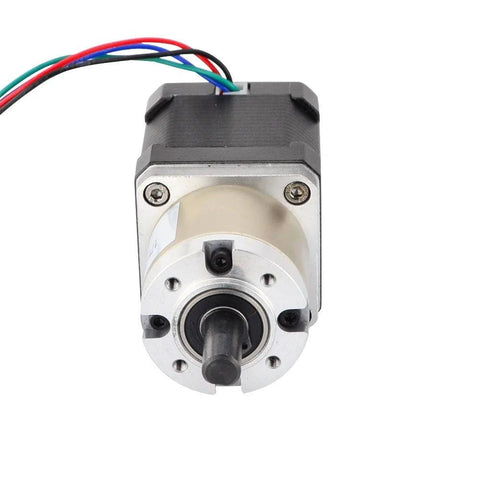 Front view of STEPPERONLINE NEMA 17 stepper motor with 27:1 planetary gearbox; black housing, silver flange, output shaft