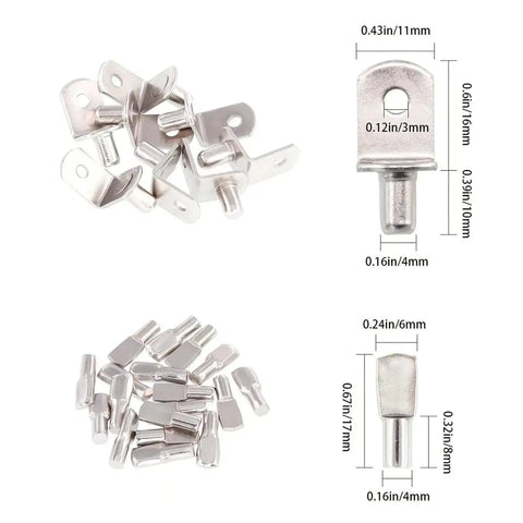 Heavy Duty Shelf Pegs And Pins Set For Cabinets And Bookshelves, showing steel pin holders with dimensions for various uses