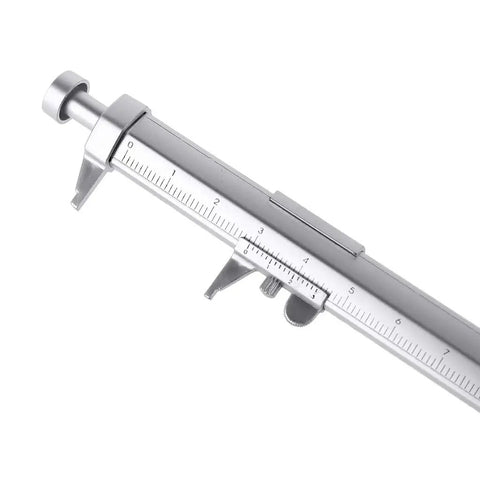 Close-up of Accuracy Calipers Pen with Double Scale for Easy Measurement showing fine measurement details and scale markings.