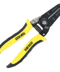 Dead Simple Wire Stripper And Cutter For 22 To 30 AWG Copper Wires with yellow grips and steel blades, ready for quick wire stripping.