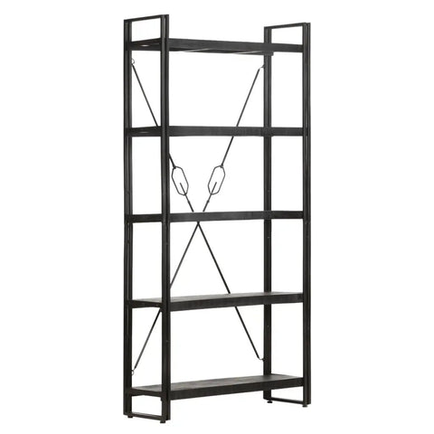 Industrial Five Tier Bookcase With Solid Mango Wood Shelves And Black Powder Coated Steel Frame Seventy Point Nine Inches Tall Durable