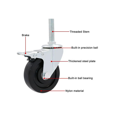 Heavy Duty Swivel Caster With Brake For Workbenches, Carts, And Furniture M-Threaded Stem Rolling Plate Casters with labeled parts