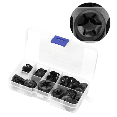 260Pcs Manganese Steel Lock Washers Set With Assorted Split Lock Washers For Mechanical Projects And DIY Repairs Durable 65 Mn Steel Heavy Duty Hardware Kit In Clear Plastic Storage Box, black washers in box