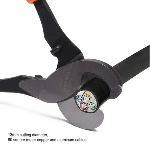 Heavy Duty Cable Cutters Forged From Hardened High Carbon Steel Slice Through Four Zero Aluminum Two Zero Copper And Com Wiring Like Hot Butter ergonomic handles close-up cutting aluminum wire.