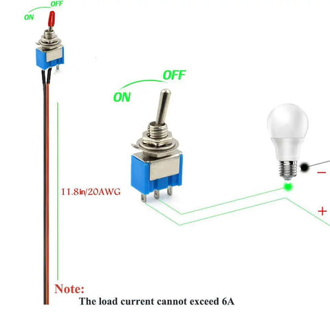 Premium Mini Toggle Switch Set With Pre Soldered Wires SPST On Off 3 Pins 2 Positions Blue Wide Voltage Range 1V To 250V diagram