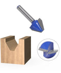 Premium 60 Degree Wood Carving Router Bit With Tough Tungsten Cobalt Alloy Shank and Razor Sharp Edges above a wooden groove cutting project.