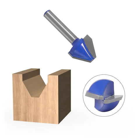 Premium 60 Degree Wood Carving Router Bit With Tough Tungsten Cobalt Alloy Shank and Razor Sharp Edges above a wooden groove cutting project.