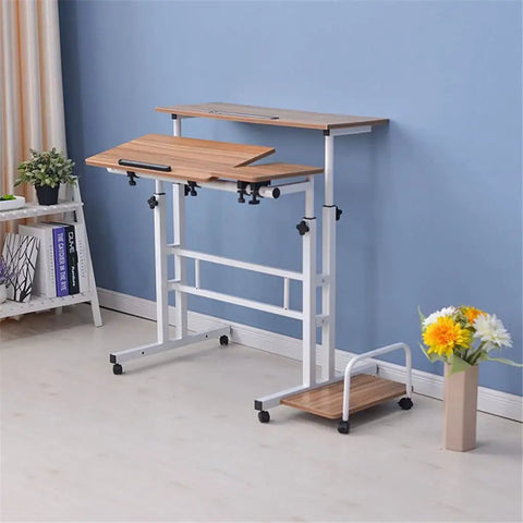 Adjustable Height Portable Laptop Table With Easy Roll Casters And Hidden Storage Shelf Folding Sofa Bed Tray Heavy Duty Steel Frame Mobile Standing Desk For Dorm Room No Hassle Workspace against a blue wall.