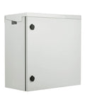 Badass Carbon Steel NEMA 4 Electrical Enclosure 24X24X12 with locking hinge, gray color, side view for outdoor use.