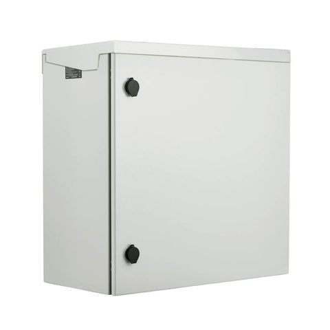 Badass Carbon Steel NEMA 4 Electrical Enclosure 24X24X12 with locking hinge, gray color, side view for outdoor use.