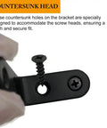 Close-up of countersunk holes on a black stainless steel L bracket with screw, part of 24 Pack Black Stainless Steel L Brackets And Corner Braces Kit With 88 Screws For Rock Solid Wall Mounted Shelf Storage Furniture Reinforcement And Diy Woodworking Projects.
