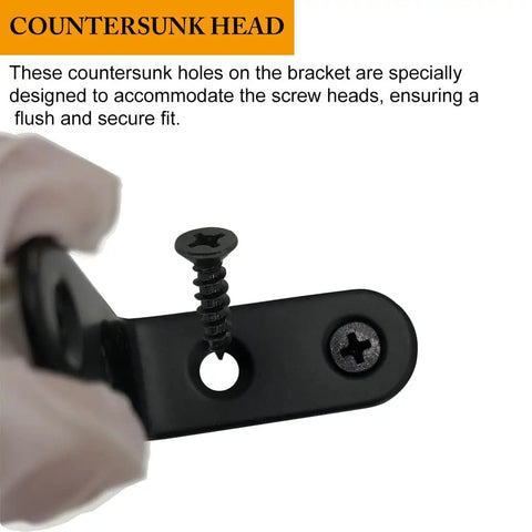 Close-up of countersunk holes on a black stainless steel L bracket with screw, part of 24 Pack Black Stainless Steel L Brackets And Corner Braces Kit With 88 Screws For Rock Solid Wall Mounted Shelf Storage Furniture Reinforcement And Diy Woodworking Projects.